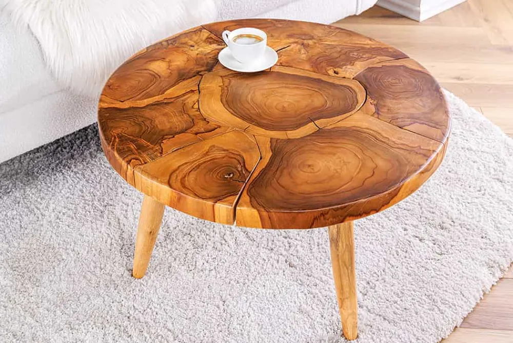 Riess-Ambiente Mehr...|Couchtische > Runder Massivholz Couchtisch MOSAIK 60cm natur Teak Baumstamm handmade