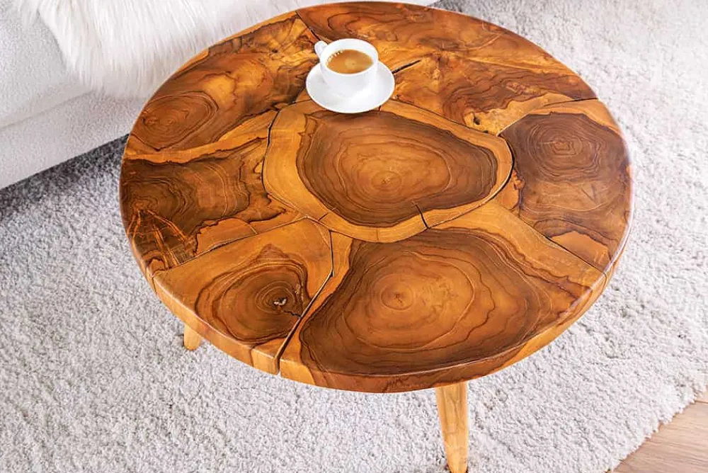 Riess-Ambiente Mehr...|Couchtische > Runder Massivholz Couchtisch MOSAIK 60cm natur Teak Baumstamm handmade