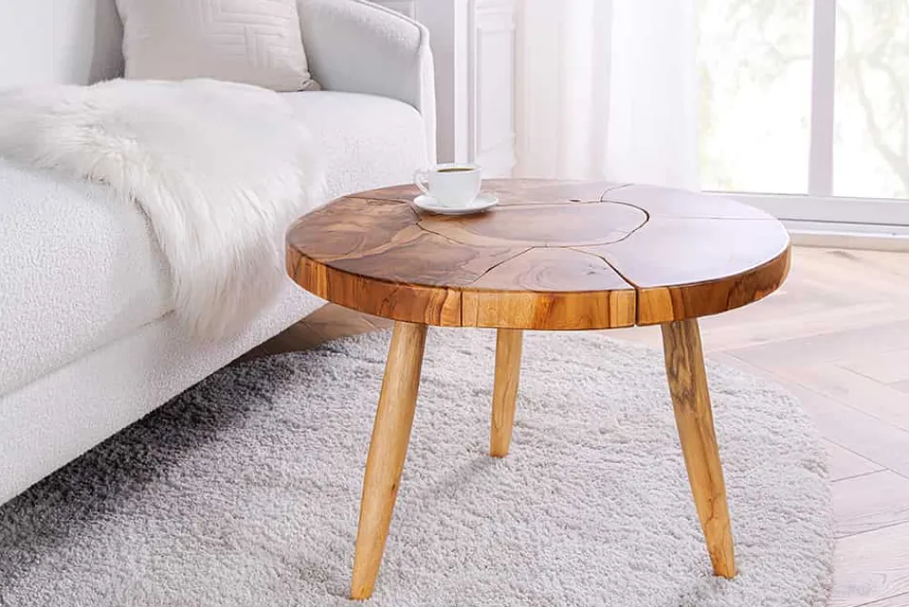Riess-Ambiente Mehr...|Couchtische > Runder Massivholz Couchtisch MOSAIK 60cm natur Teak Baumstamm handmade