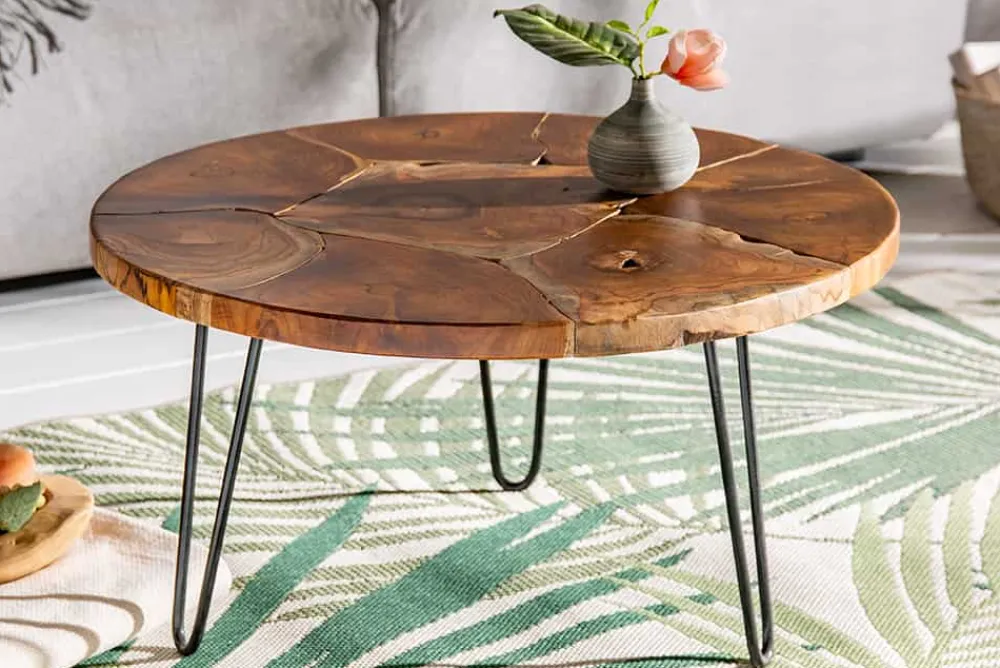 Riess-Ambiente Couchtische & Truhen|Mehr... > Runder Massivholz Couchtisch MOSAIK 70cm natur Teak Hairpin Legs schwarz Metall handmade