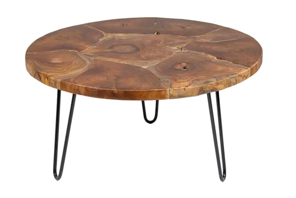 Riess-Ambiente Couchtische & Truhen|Mehr... > Runder Massivholz Couchtisch MOSAIK 70cm natur Teak Hairpin Legs schwarz Metall handmade
