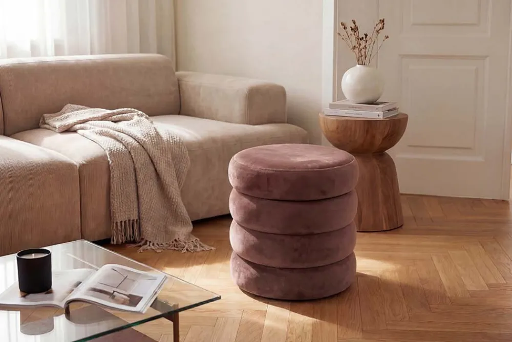 Riess-Ambiente Sitzhocker|Samt Möbel > Runder Polsterhocker VOGUE 40cm rosa Samt mit Stauraum