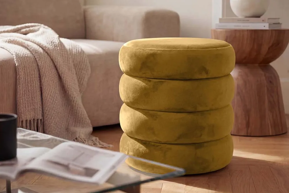 Riess-Ambiente Sitzhocker|Samt Möbel > Runder Polsterhocker VOGUE 40cm senfgelb Samt mit Stauraum