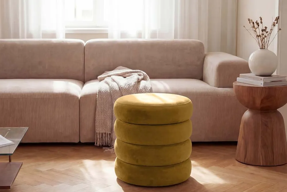 Riess-Ambiente Sitzhocker|Samt Möbel > Runder Polsterhocker VOGUE 40cm senfgelb Samt mit Stauraum