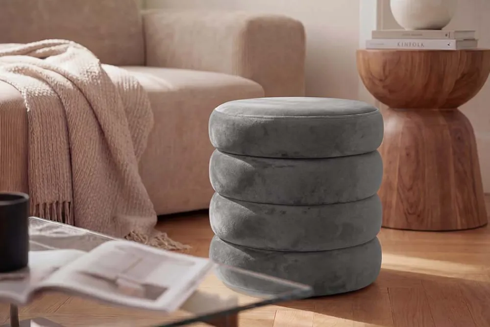 Riess-Ambiente Sitzhocker|Samt Möbel > Runder Polsterhocker VOGUE 40cm champagner grau Samt mit Stauraum