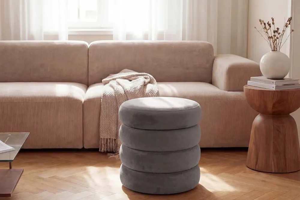 Riess-Ambiente Sitzhocker|Samt Möbel > Runder Polsterhocker VOGUE 40cm champagner grau Samt mit Stauraum