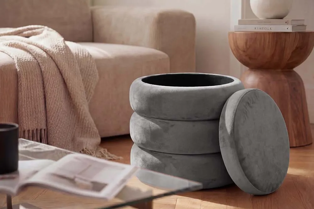 Riess-Ambiente Sitzhocker|Samt Möbel > Runder Polsterhocker VOGUE 40cm champagner grau Samt mit Stauraum
