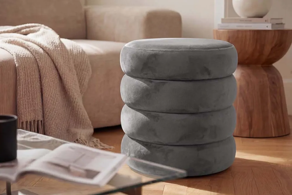 Riess-Ambiente Sitzhocker|Samt Möbel > Runder Polsterhocker VOGUE 40cm champagner grau Samt mit Stauraum