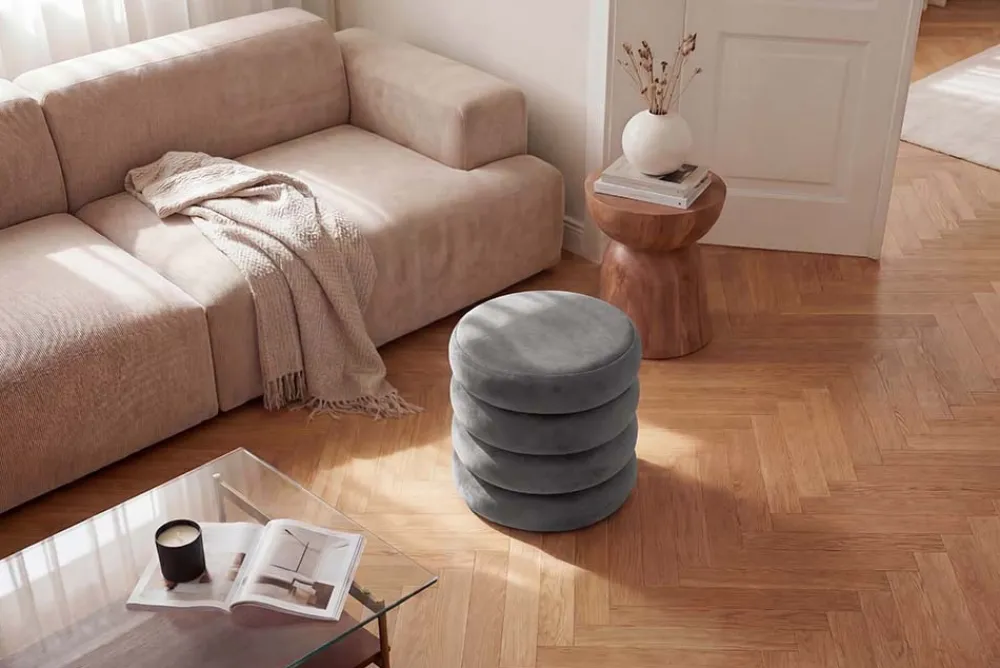 Riess-Ambiente Sitzhocker|Samt Möbel > Runder Polsterhocker VOGUE 40cm champagner grau Samt mit Stauraum