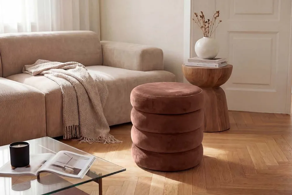 Riess-Ambiente Sitzhocker|Samt Möbel > Runder Polsterhocker VOGUE 40cm rostbraun Samt mit Stauraum