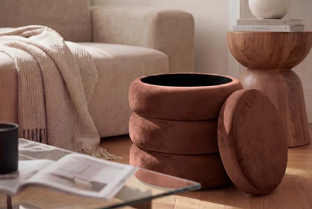 Riess-Ambiente Sitzhocker|Samt Möbel > Runder Polsterhocker VOGUE 40cm rostbraun Samt mit Stauraum