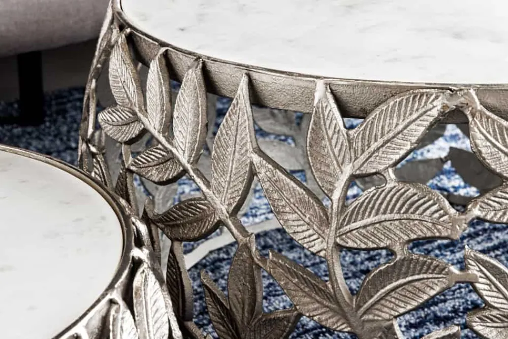 Riess-Ambiente Couchtische & Truhen > Rundes 2er Set Couchtische ABSTRACT LEAF 70cm weiß silber Marmor Metall Blatt-Design