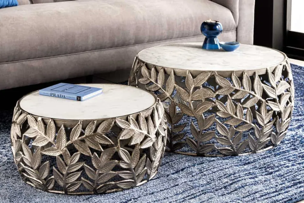 Riess-Ambiente Couchtische & Truhen > Rundes 2er Set Couchtische ABSTRACT LEAF 70cm weiß silber Marmor Metall Blatt-Design
