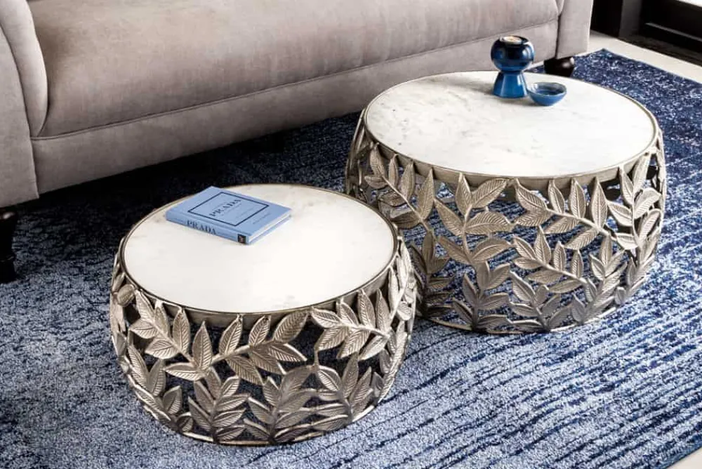Riess-Ambiente Couchtische & Truhen > Rundes 2er Set Couchtische ABSTRACT LEAF 70cm weiß silber Marmor Metall Blatt-Design