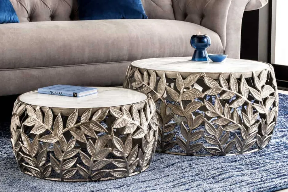 Riess-Ambiente Couchtische & Truhen > Rundes 2er Set Couchtische ABSTRACT LEAF 70cm weiß silber Marmor Metall Blatt-Design
