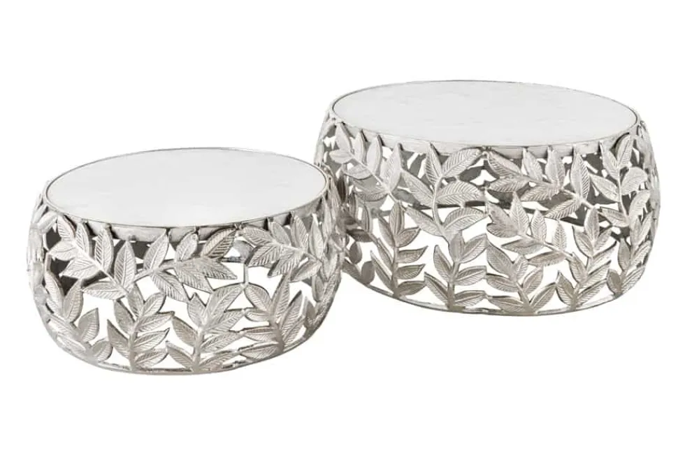 Riess-Ambiente Couchtische & Truhen > Rundes 2er Set Couchtische ABSTRACT LEAF 70cm weiß silber Marmor Metall Blatt-Design