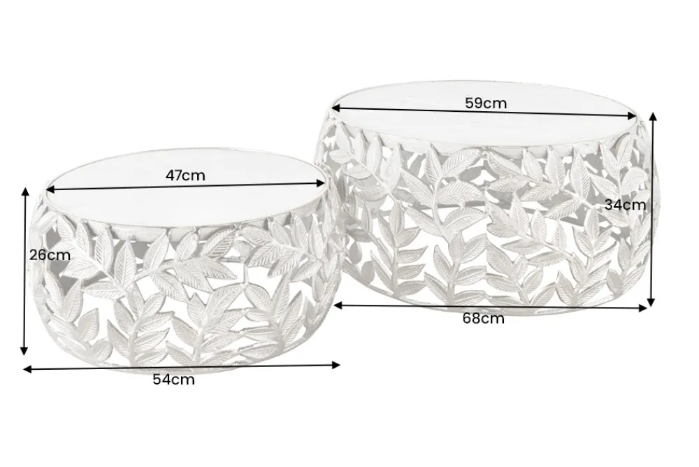 Riess-Ambiente Couchtische & Truhen > Rundes 2er Set Couchtische ABSTRACT LEAF 70cm weiß silber Marmor Metall Blatt-Design