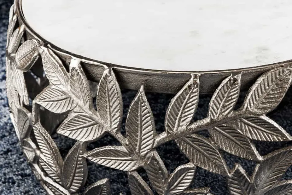 Riess-Ambiente Couchtische & Truhen > Rundes 2er Set Couchtische ABSTRACT LEAF 70cm weiß silber Marmor Metall Blatt-Design