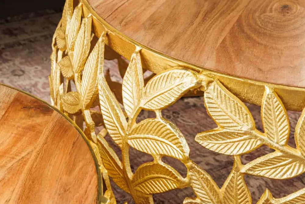 Riess-Ambiente Couchtische & Truhen > Rundes 2er Set Couchtische ABSTRACT LEAF 70cm natur gold Massivholz Akazie Metall Blatt-Design