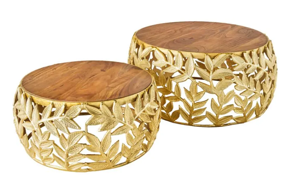 Riess-Ambiente Couchtische & Truhen > Rundes 2er Set Couchtische ABSTRACT LEAF 70cm natur gold Massivholz Akazie Metall Blatt-Design