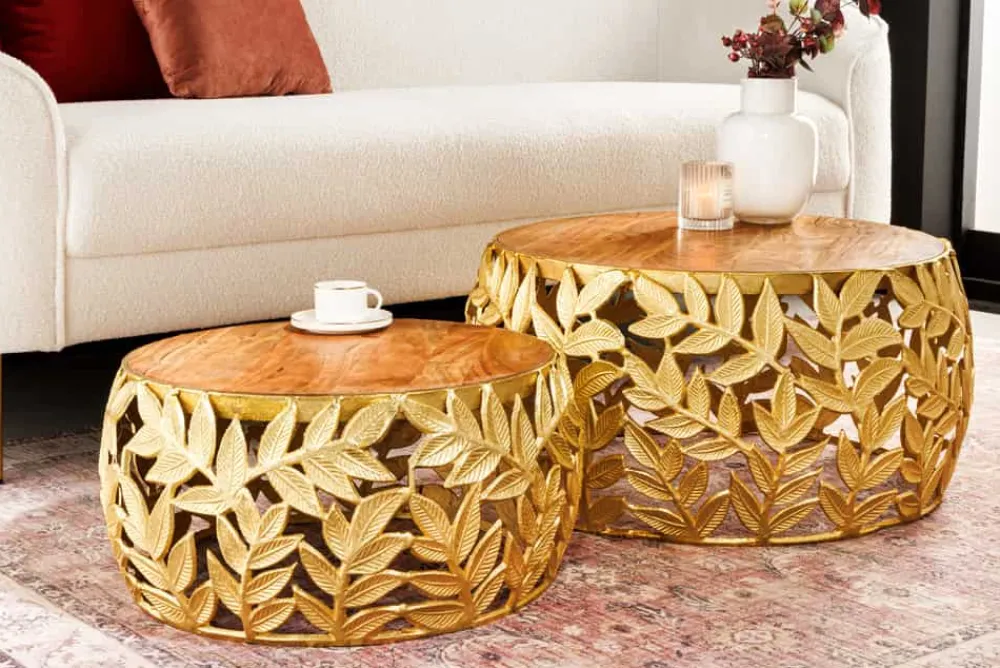 Riess-Ambiente Couchtische & Truhen > Rundes 2er Set Couchtische ABSTRACT LEAF 70cm natur gold Massivholz Akazie Metall Blatt-Design