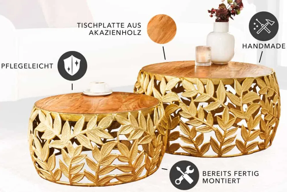 Riess-Ambiente Couchtische & Truhen > Rundes 2er Set Couchtische ABSTRACT LEAF 70cm natur gold Massivholz Akazie Metall Blatt-Design