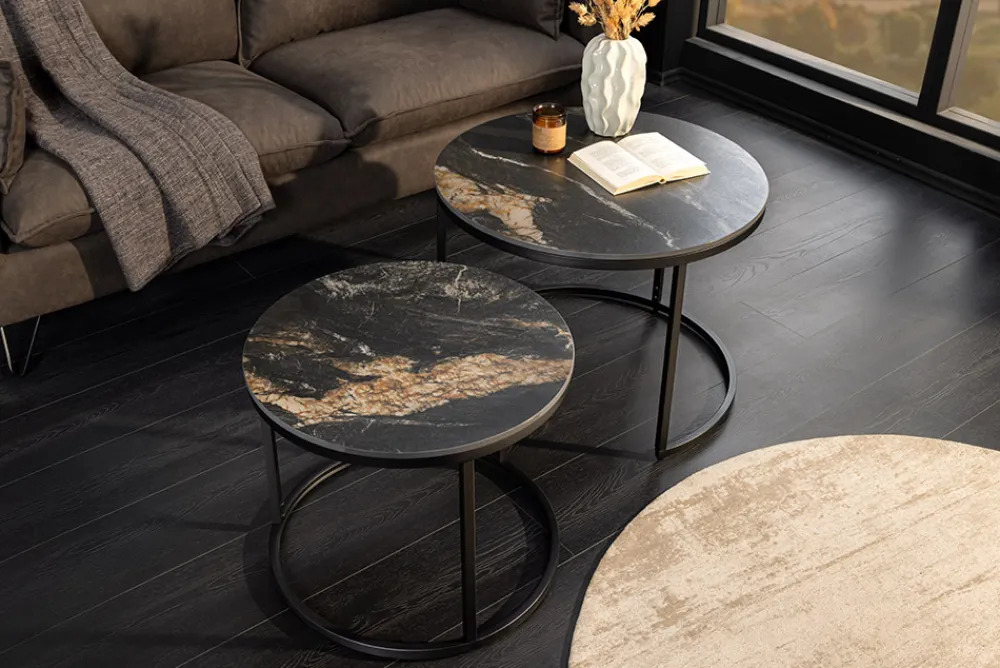 Riess-Ambiente Couchtische & Truhen > Rundes 2er Set Couchtische ELEGANCE 75cm schwarz gold sand Aurora Oro Keramik
