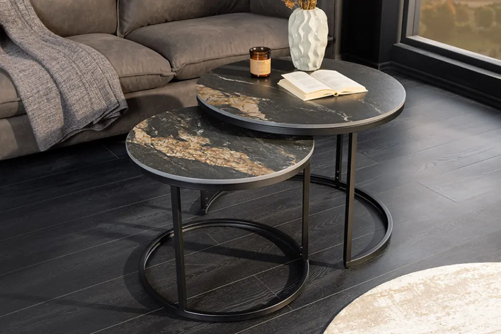 Riess-Ambiente Couchtische & Truhen > Rundes 2er Set Couchtische ELEGANCE 75cm schwarz gold sand Aurora Oro Keramik