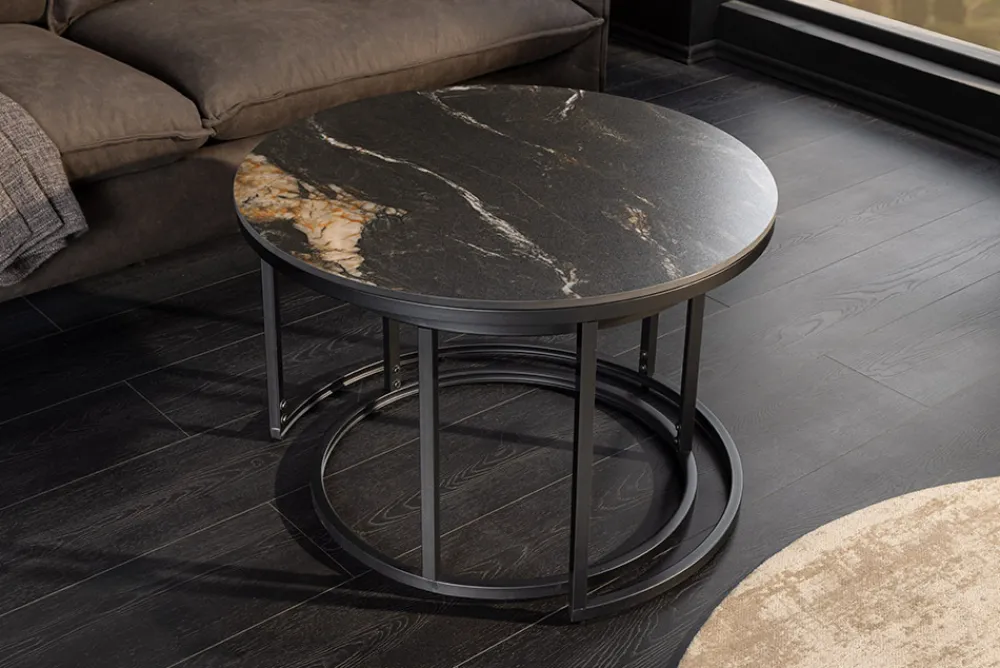 Riess-Ambiente Couchtische & Truhen > Rundes 2er Set Couchtische ELEGANCE 75cm schwarz gold sand Aurora Oro Keramik