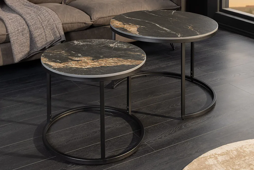Riess-Ambiente Couchtische & Truhen > Rundes 2er Set Couchtische ELEGANCE 75cm schwarz gold sand Aurora Oro Keramik