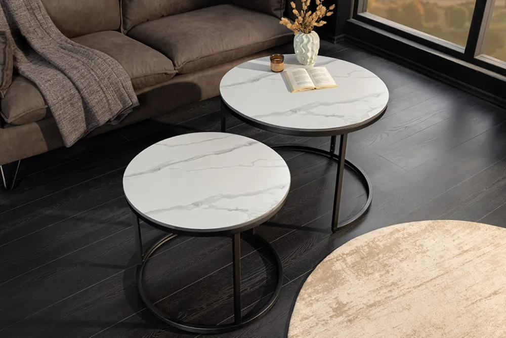 Riess-Ambiente Couchtische & Truhen > Rundes 2er Set Couchtische ELEGANCE 75cm weiß Keramik schwarz Metall