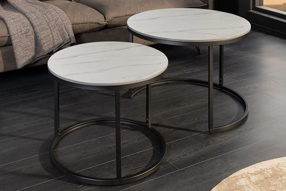 Riess-Ambiente Couchtische & Truhen > Rundes 2er Set Couchtische ELEGANCE 75cm weiß Keramik schwarz Metall