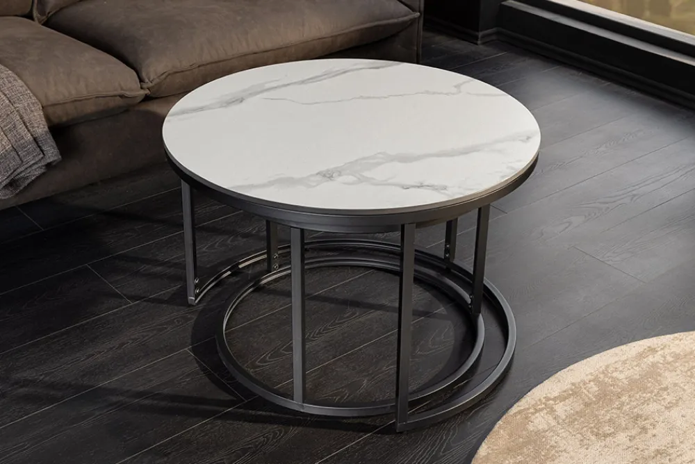 Riess-Ambiente Couchtische & Truhen > Rundes 2er Set Couchtische ELEGANCE 75cm weiß Keramik schwarz Metall