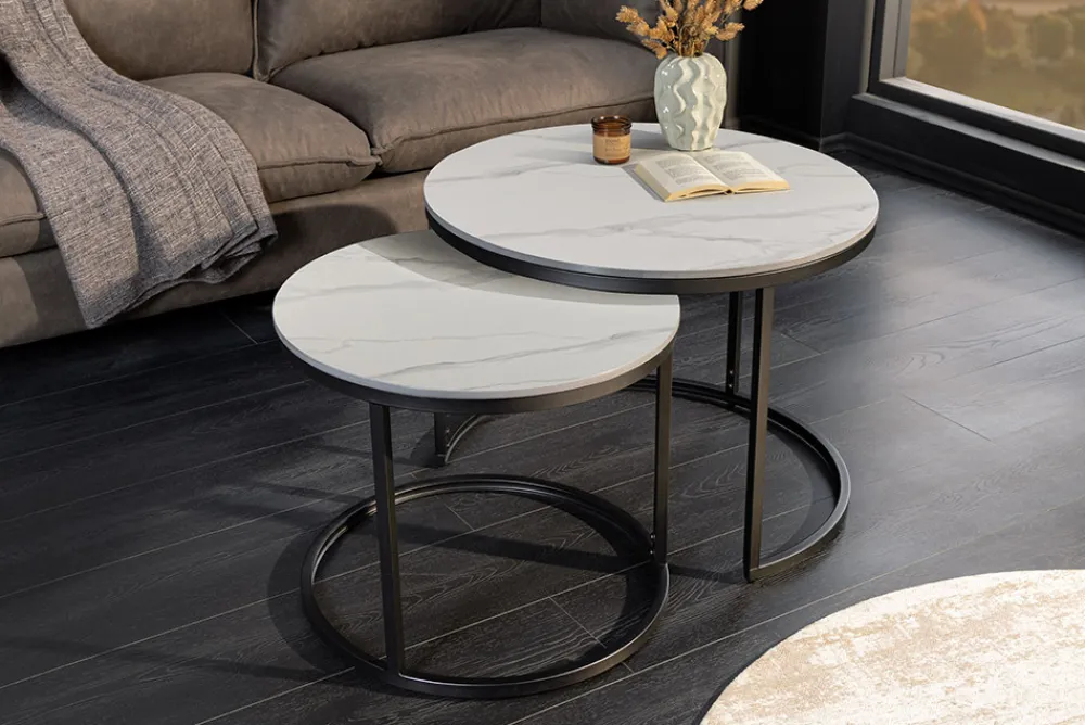 Riess-Ambiente Couchtische & Truhen > Rundes 2er Set Couchtische ELEGANCE 75cm weiß Keramik schwarz Metall
