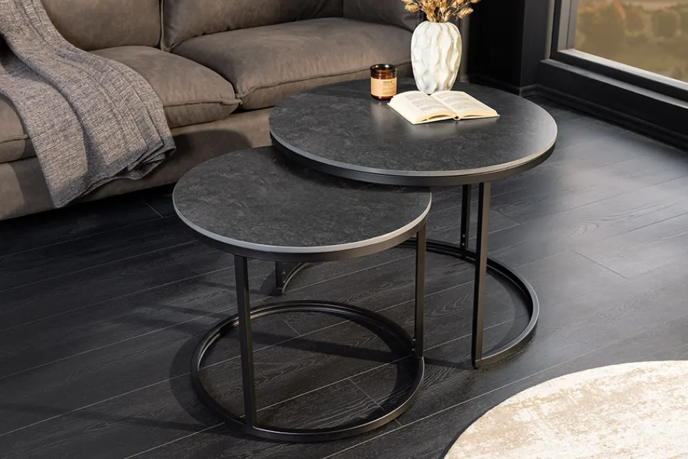 Riess-Ambiente Couchtische & Truhen > Rundes 2er Set Couchtische ELEGANCE 75cm anthrazit Keramik schwarz Metall
