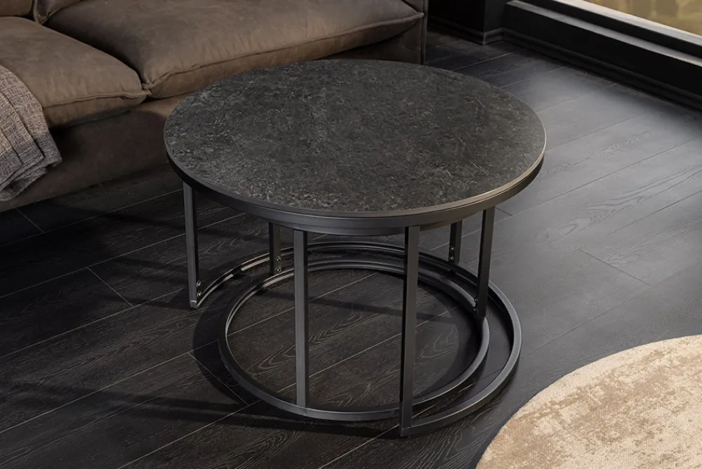 Riess-Ambiente Couchtische & Truhen > Rundes 2er Set Couchtische ELEGANCE 75cm anthrazit Keramik schwarz Metall