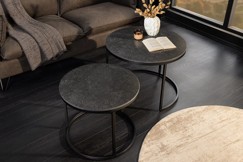 Riess-Ambiente Couchtische & Truhen > Rundes 2er Set Couchtische ELEGANCE 75cm anthrazit Keramik schwarz Metall