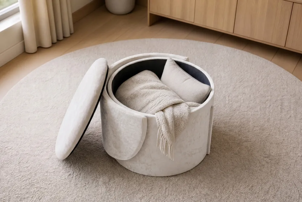Riess-Ambiente Skandinavisch|Sessel > Sessel LUNA 65cm beige Bouclé Polsterhocker mit klappbarer Rückenlehne und Stauraum