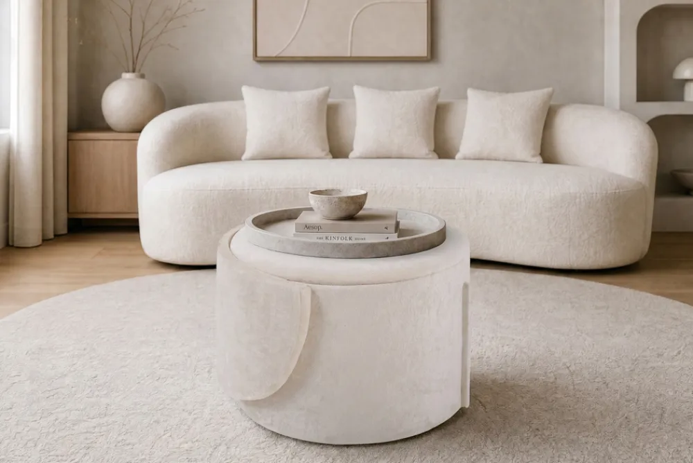 Riess-Ambiente Skandinavisch|Sessel > Sessel LUNA 65cm beige Bouclé Polsterhocker mit klappbarer Rückenlehne und Stauraum