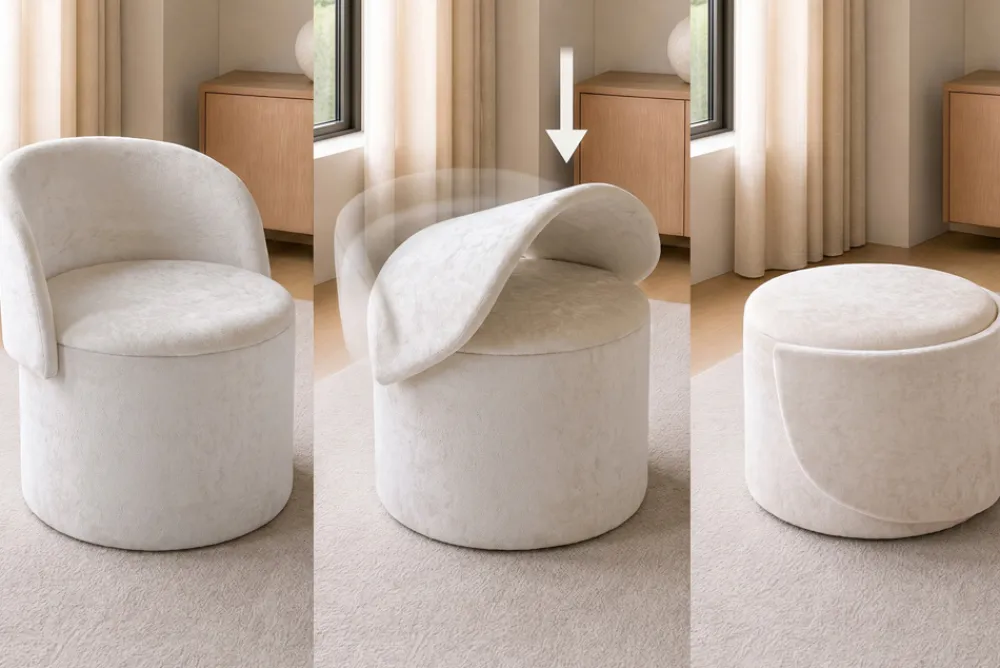 Riess-Ambiente Skandinavisch|Sessel > Sessel LUNA 65cm beige Bouclé Polsterhocker mit klappbarer Rückenlehne und Stauraum