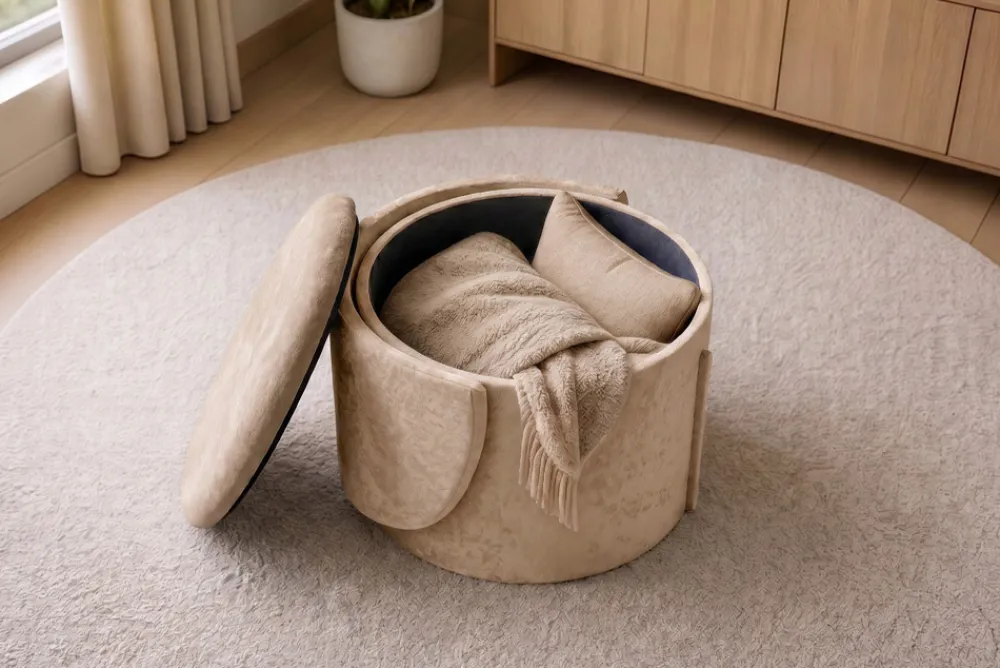Riess-Ambiente Skandinavisch|Sessel > Sessel LUNA 65cm champagner greige Bouclé Polsterhocker mit klappbarer Rückenlehne und Stauraum