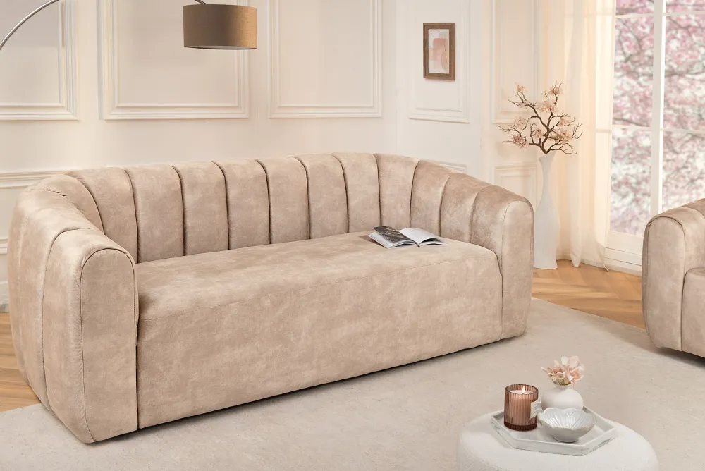 Riess-Ambiente Samt Möbel|Retro Möbel > 3-Sitzer Sofa BABYLON 200cm champagner beige Samt mit Ziersteppung