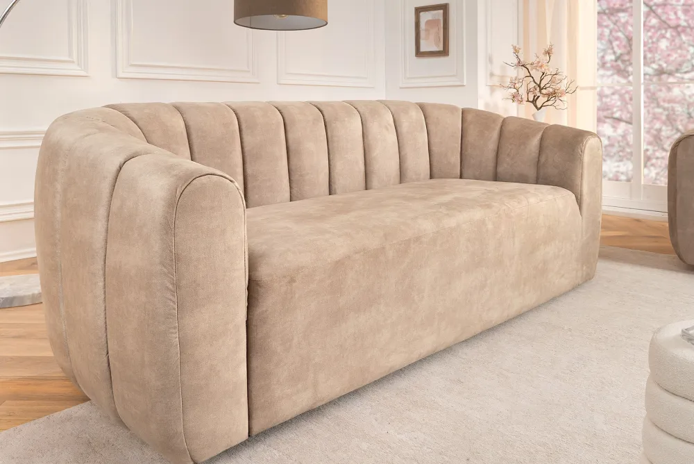 Riess-Ambiente Samt Möbel|Retro Möbel > 3-Sitzer Sofa BABYLON 200cm champagner beige Samt mit Ziersteppung