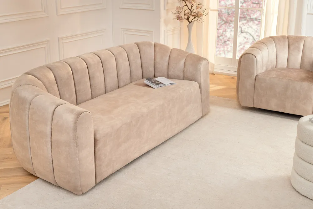 Riess-Ambiente Samt Möbel|Retro Möbel > 3-Sitzer Sofa BABYLON 200cm champagner beige Samt mit Ziersteppung