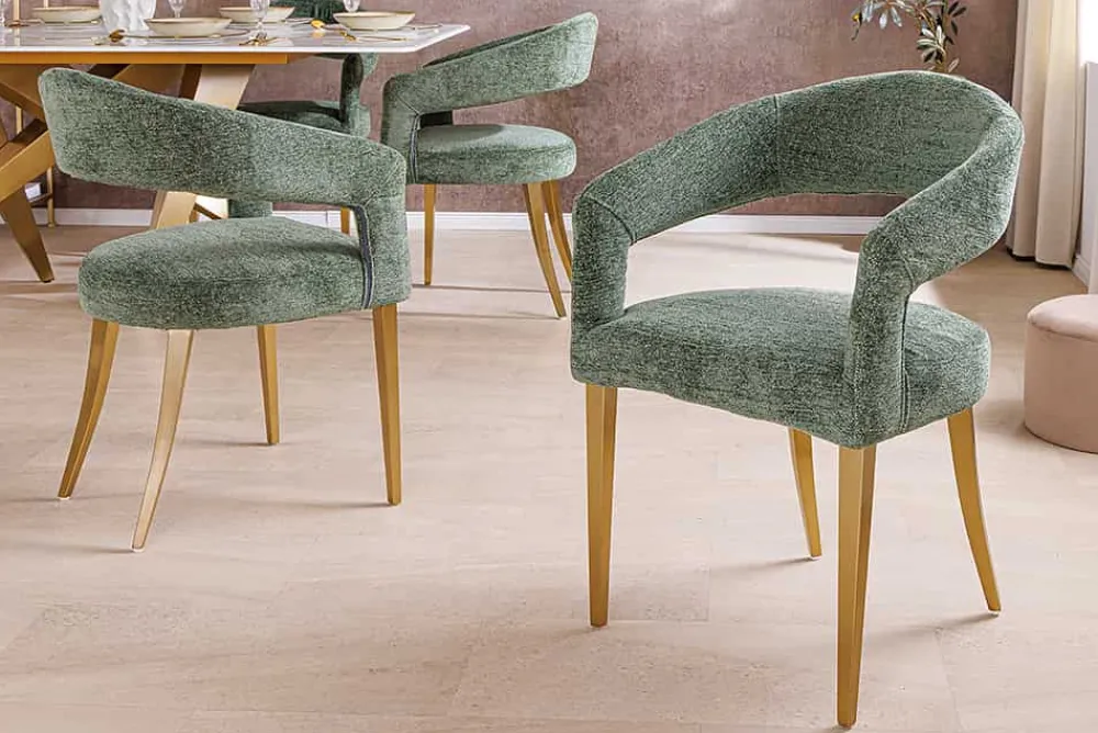 Riess-Ambiente Goldene Möbel|Skandinavisch > Skandinavischer Stuhl BOUTIQUE grün Strukturstoff brushed champagner gold Metall