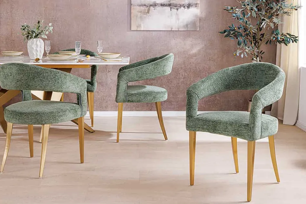 Riess-Ambiente Goldene Möbel|Skandinavisch > Skandinavischer Stuhl BOUTIQUE grün Strukturstoff brushed champagner gold Metall