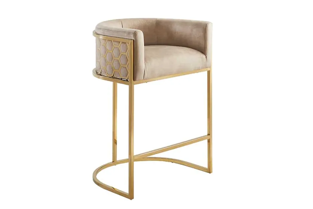 Riess-Ambiente Goldene Möbel|Barhocker > Stilvoller Barhocker ELEGANCE beige Samt gold Edelstahl mit Armlehne und Fußablage