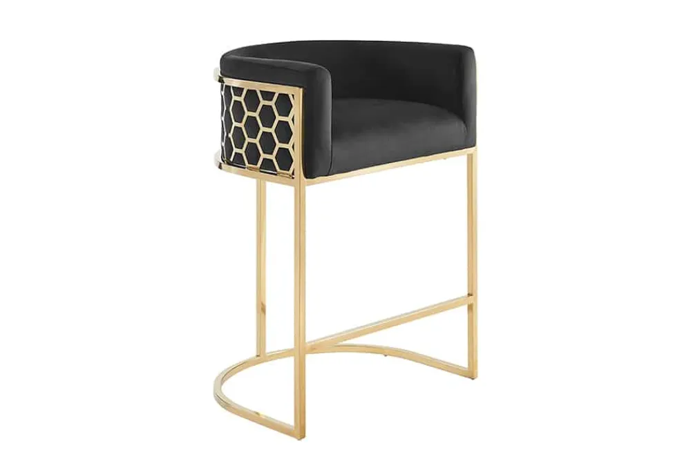 Riess-Ambiente Goldene Möbel|Barhocker > Stilvoller Barhocker ELEGANCE schwarz Samt gold Edelstahl mit Armlehne und Fußablage