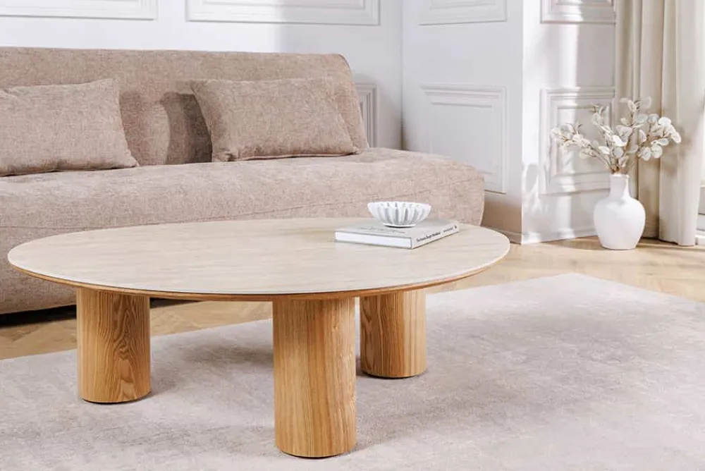 Riess-Ambiente Couchtische & Truhen > Stilvoller Couchtisch ORGANIKO 110cm natur Eiche Travertin Keramik