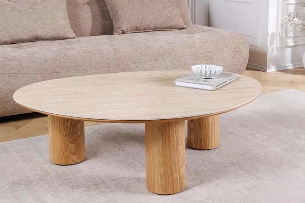 Riess-Ambiente Couchtische & Truhen > Stilvoller Couchtisch ORGANIKO 110cm natur Eiche Travertin Keramik